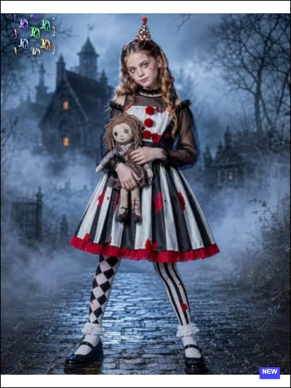 Scary Clown Costume Set for Girls Halloween Horror Dress with Hat Necklace Socks